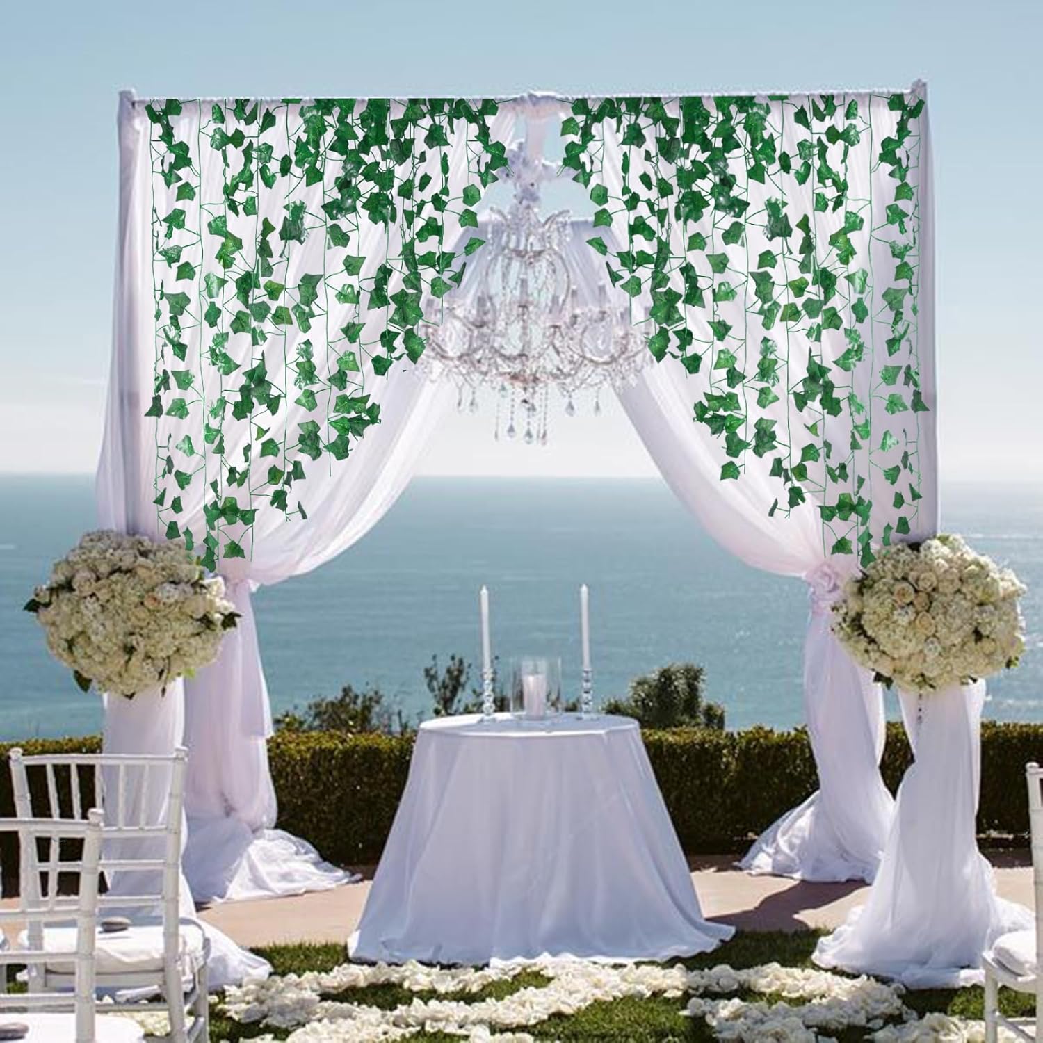 Artificial ivy vine garlands for home decor, 12-pack of green hanging greenery for walls, weddings, parties, and outdoor decor.