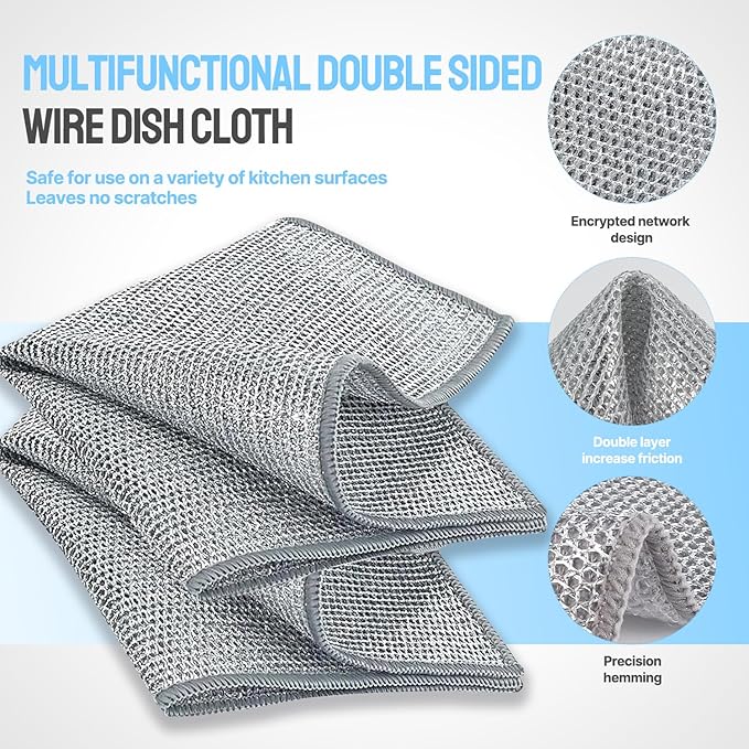 7AGAT wire dishwashing rags for wet and dry cleaning, double-layer non-scratch scrubbing cloths for counters and stove tops