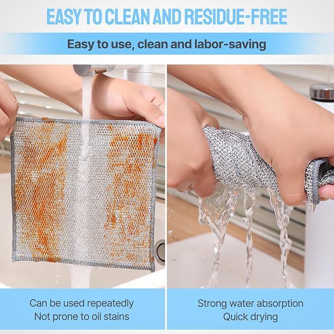 7AGAT double-layer wire dishwashing rag for wet and dry cleaning, non-scratch scrubbing cloths for counters and stove tops.