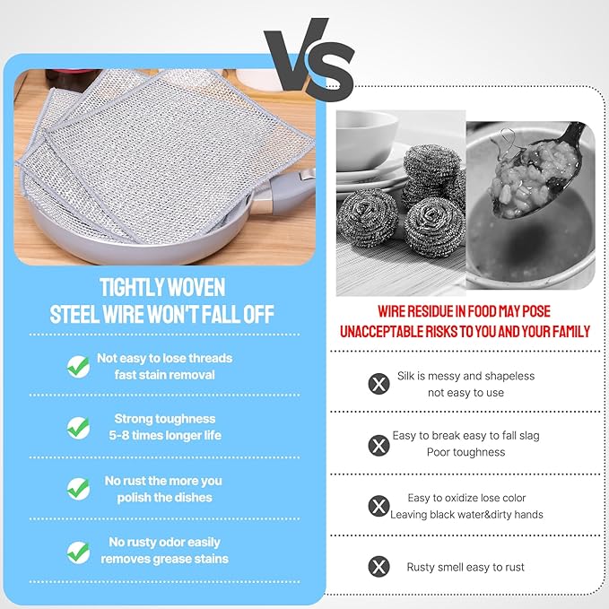 7AGAT multipurpose wire dishwashing rags for wet and dry cleaning, double layer non-scratch scrubbing cloths for counters and stove tops