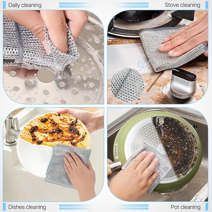 7AGAT multipurpose wire dishwashing cloths for wet and dry cleaning, featuring double-layer non-scratch scrubbing and reusable design.