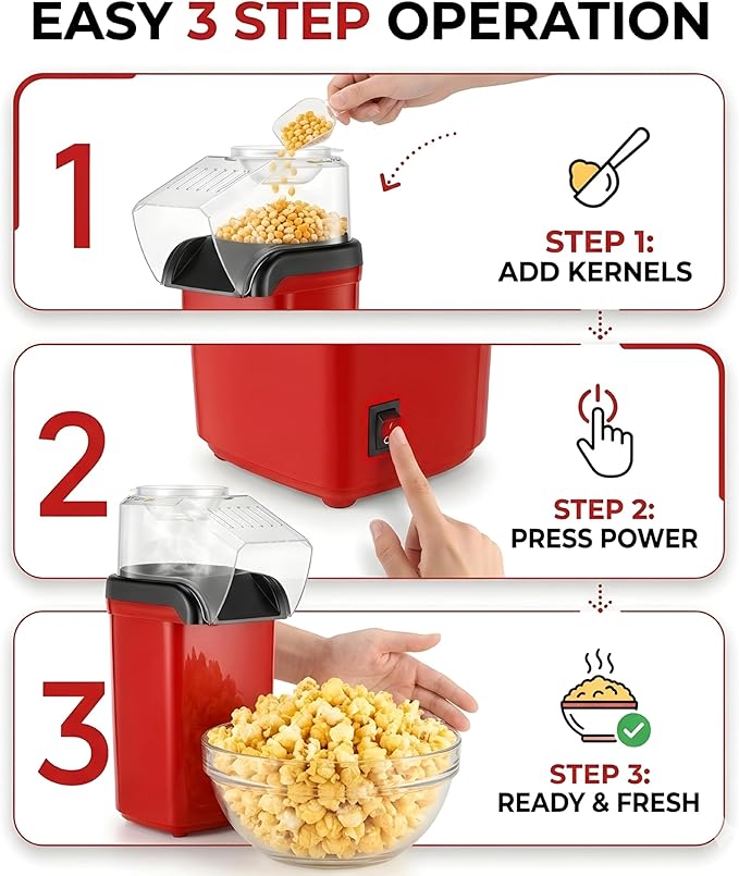 7AGAT hot air popcorn popper machine for healthy, oil-free popcorn; fast operation, perfect for movie nights and home parties.