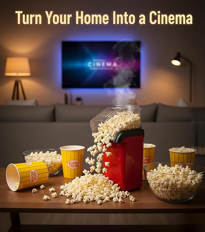 7AGAT hot air popcorn popper machine for healthy oil-free popcorn, fast operation, perfect for movie nights and home parties