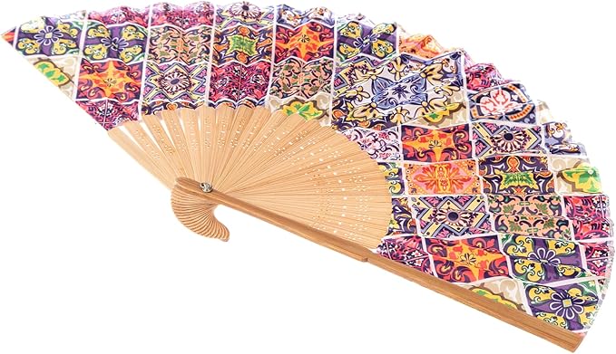 7AGAT bamboo folding hand fan with printed pattern, glazed tile design, perfect for parties and weddings.