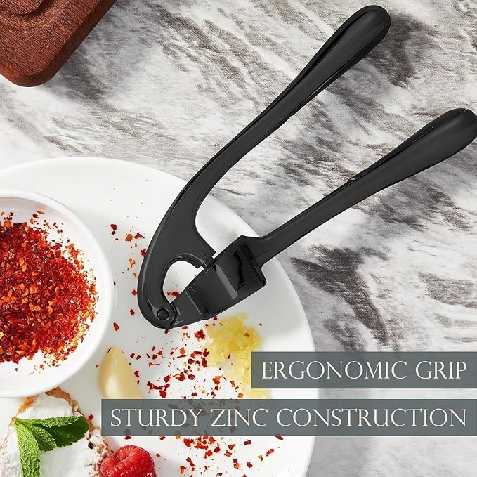 7AGAT heavy-duty metal garlic press with ergonomic ABS handle and non-slip grip, ideal for sauces, marinades, and dressings.