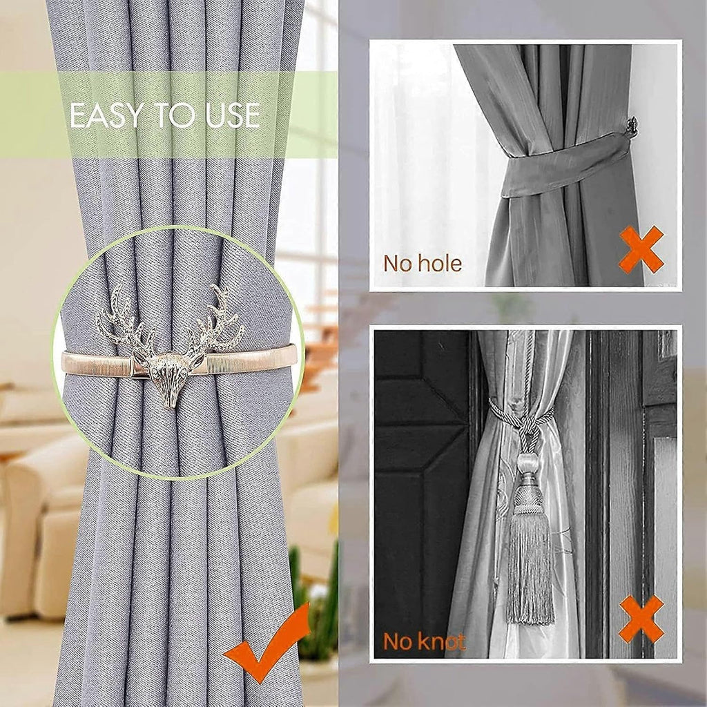 Gold leaf carved aluminium alloy curtain tiebacks with snap buttons, adjustable elastic, modern design for living room, bedroom, bathroom.