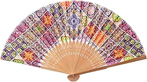 Bamboo folding hand fan with printed pattern, glazed tile design, perfect for parties or weddings