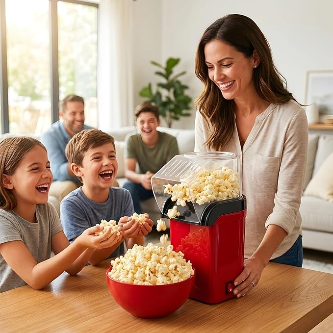 7AGAT hot air popcorn popper machine for healthy, oil-free popcorn, ideal for movie nights and home parties.