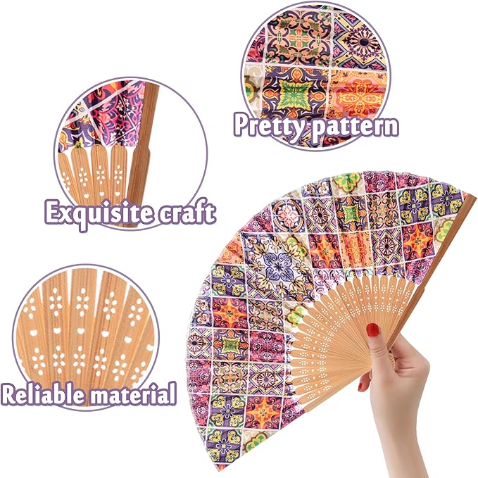 Bamboo folding hand fan with printed pattern, glazed tile design, ideal for parties and weddings by 7AGAT