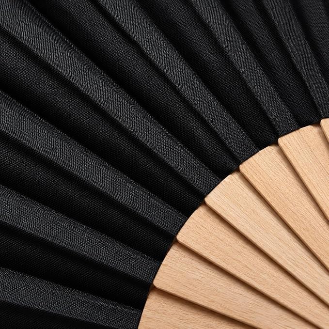 Black wooden and fabric hand folding fan by 7AGAT, foldable and portable for dance, weddings, cosplay, festivals, and daily use.