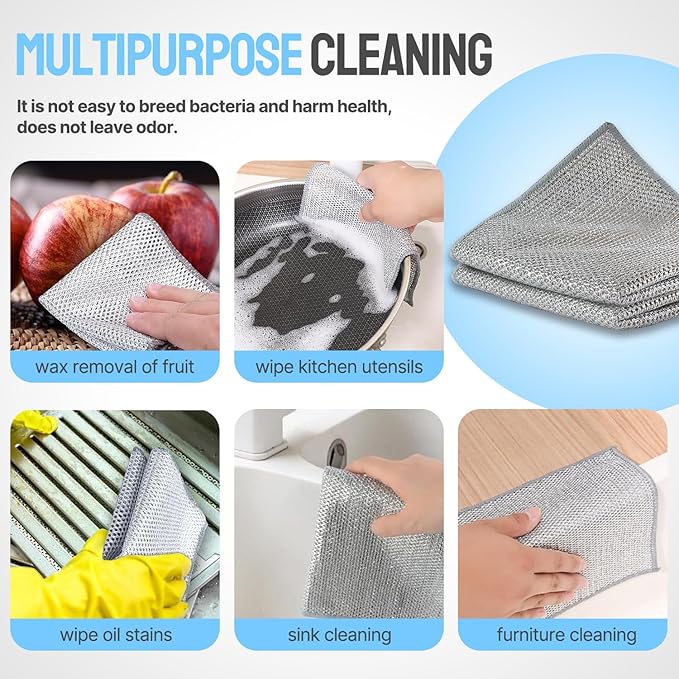 7AGAT wire dishwashing cleaning cloths, reusable double-layer scrubbers for wet and dry use on counters and stove tops.