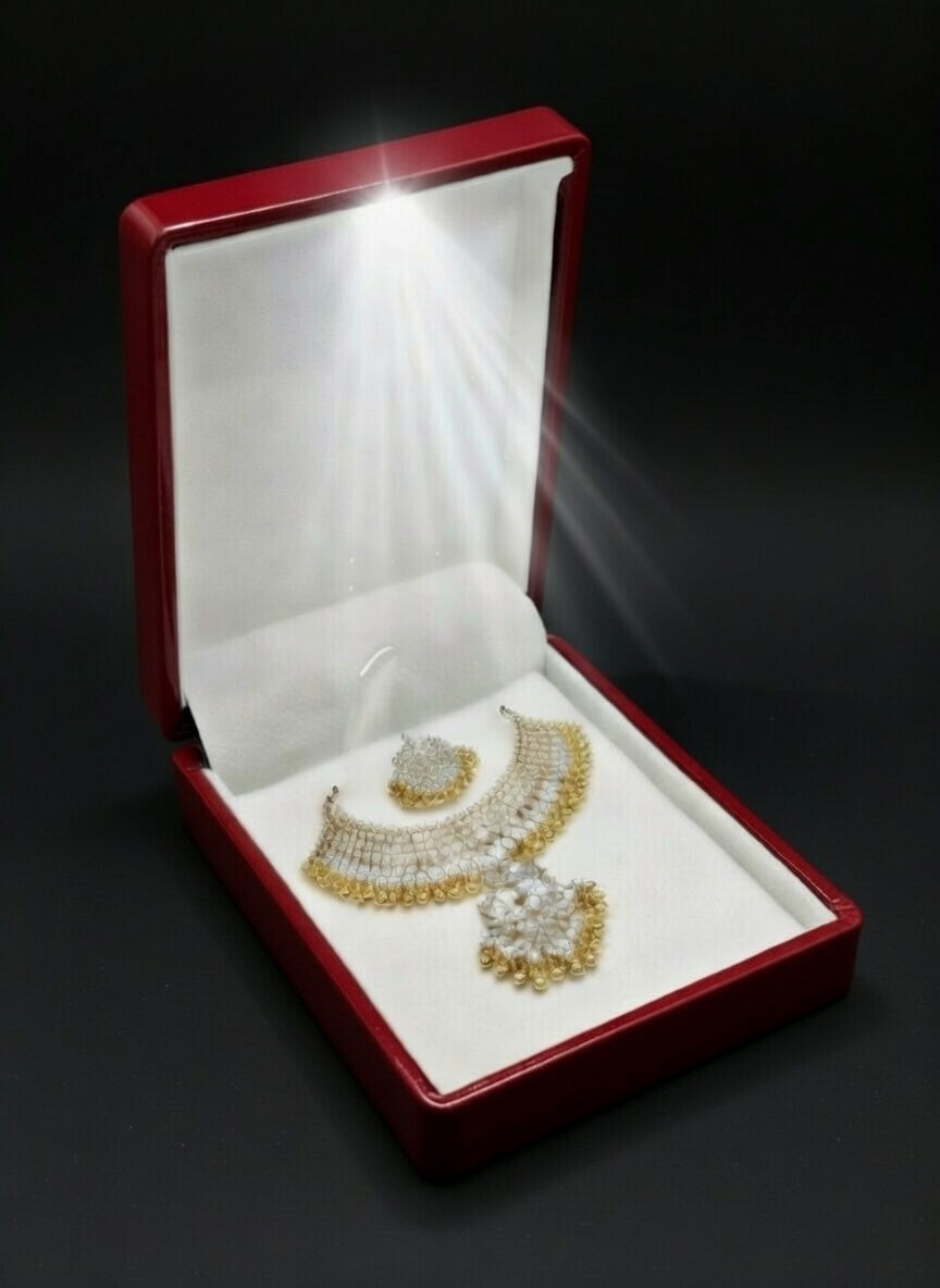 Luxury octagonal LED jewelry box by 7AGAT with compartments for necklaces and earrings, illuminated interior for elegant storage.