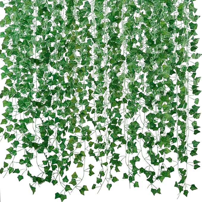 Artificial ivy vine garlands for home decor, 12-pack green hanging greenery for walls, weddings, and outdoor garden decoration.
