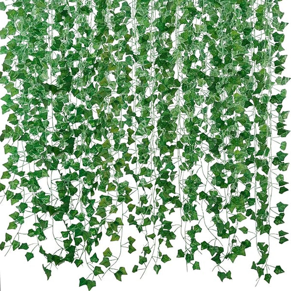 Artificial ivy vine garlands for home decor, 12-pack green hanging greenery for walls, weddings, and outdoor garden decoration.