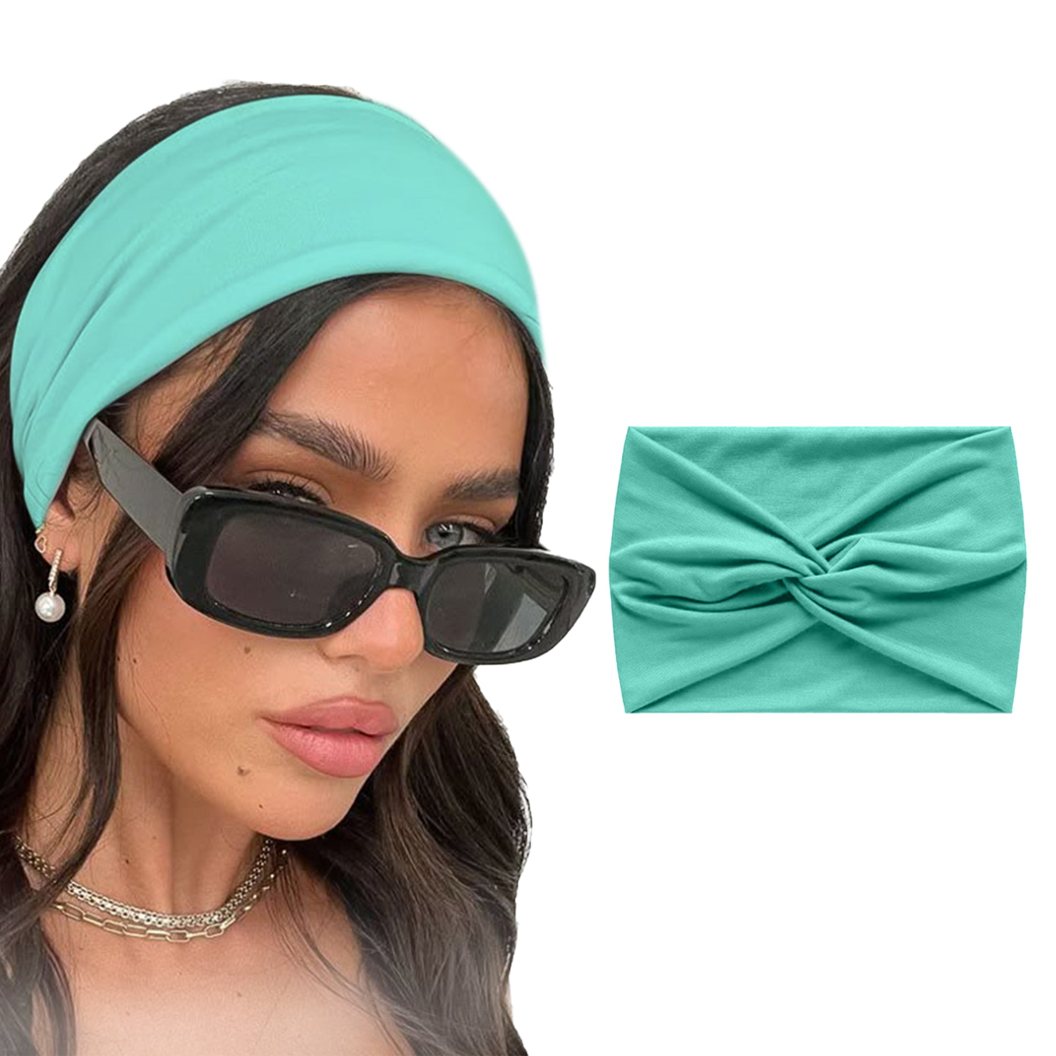 Aqua blue knitted cotton headband with cute knot design, perfect for women and girls, featuring 95% cotton and turban style.