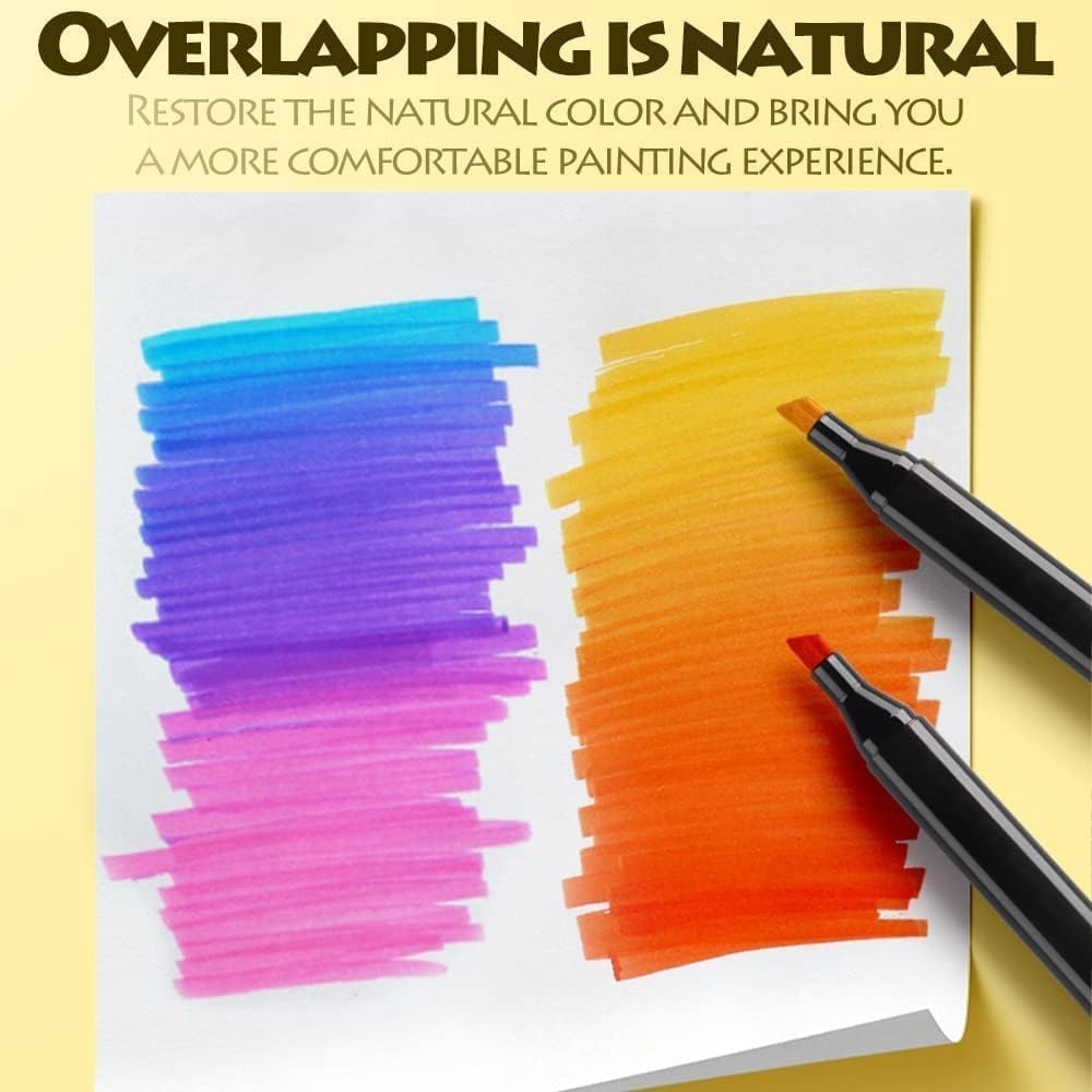 Color swatches and markers with text overlay on a yellow background