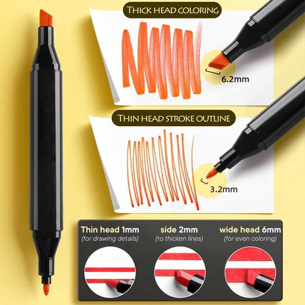 Two markers with different head sizes on a yellow background, showing color application and head size details.