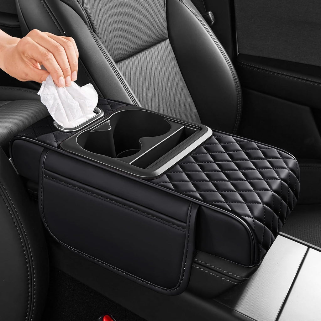 Car cup holder cover with quilted design and hand holding a tissue.