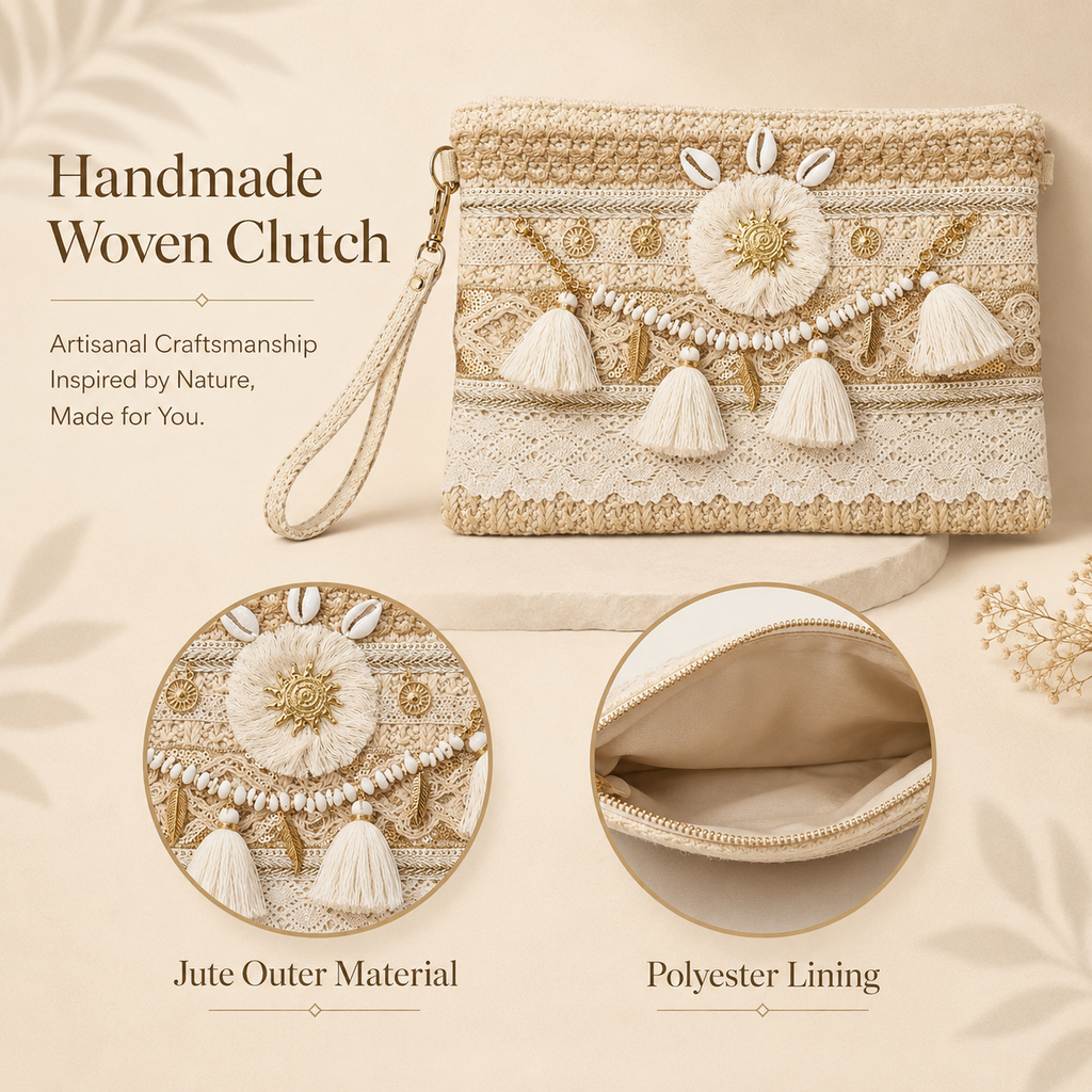 Women’s Handmade Woven Straw Clutch Bag with Gold Chain Straps, Shoulder and Hand Carry Bag