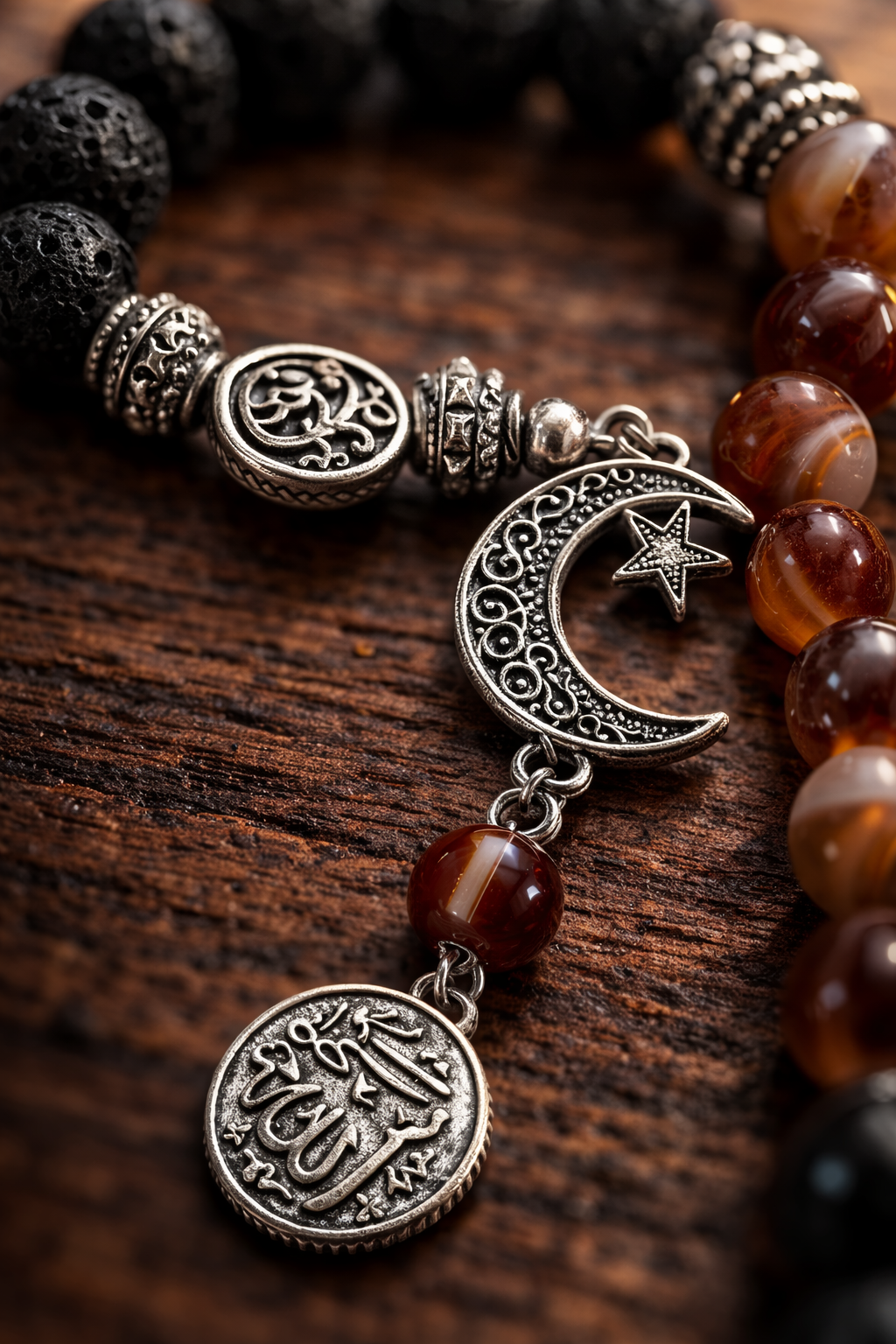 Bracelet with moon and star charm and Arabic text pendant on a wooden surface