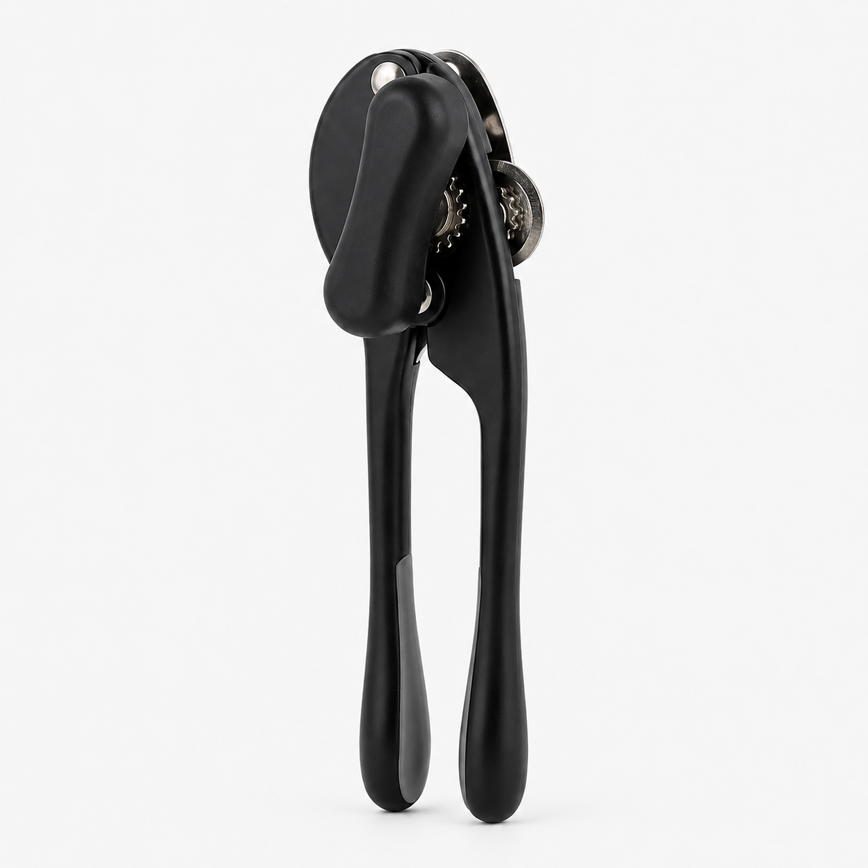 7AGAT manual can opener with stainless steel body, ergonomic plastic handle, black color, and sharp cutting wheel for kitchen and outdoor use.