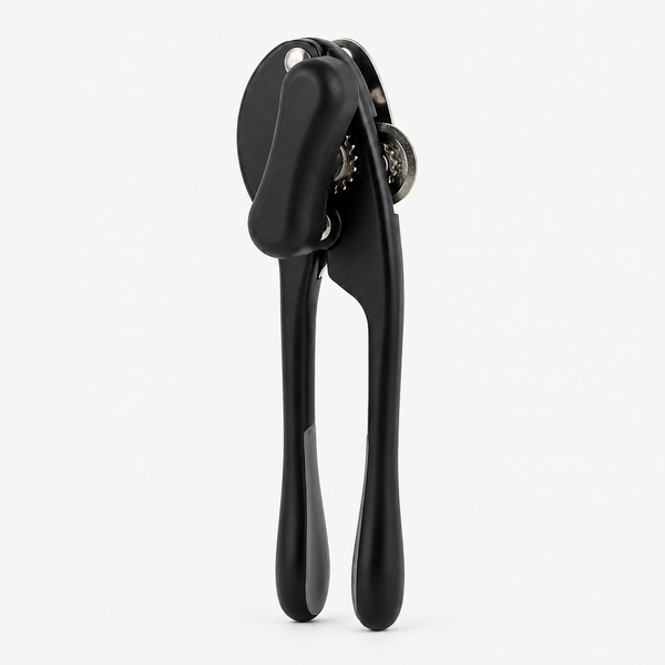 7AGAT manual can opener with stainless steel body, ergonomic plastic handle, black color, and sharp cutting wheel for kitchen and outdoor use.
