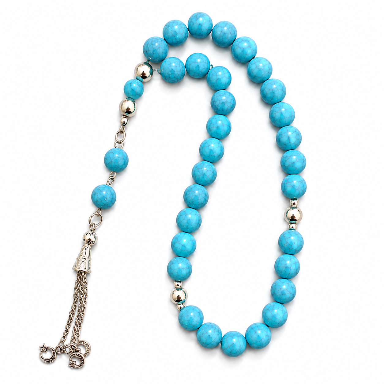 Handmade rosary with 33 turquoise acrylic beads, lightweight sky blue prayer beads, handcrafted by 7AGAT for spiritual use.