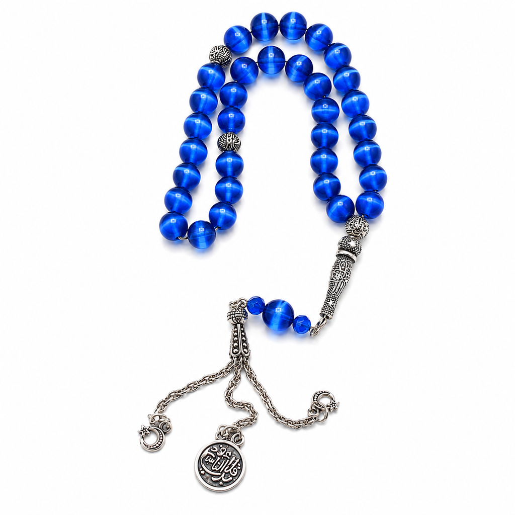 Handmade 7AGAT blue cat's eye bead rosary with 33 prayer beads, shimmering 10mm luxury prayer beads for spiritual use.