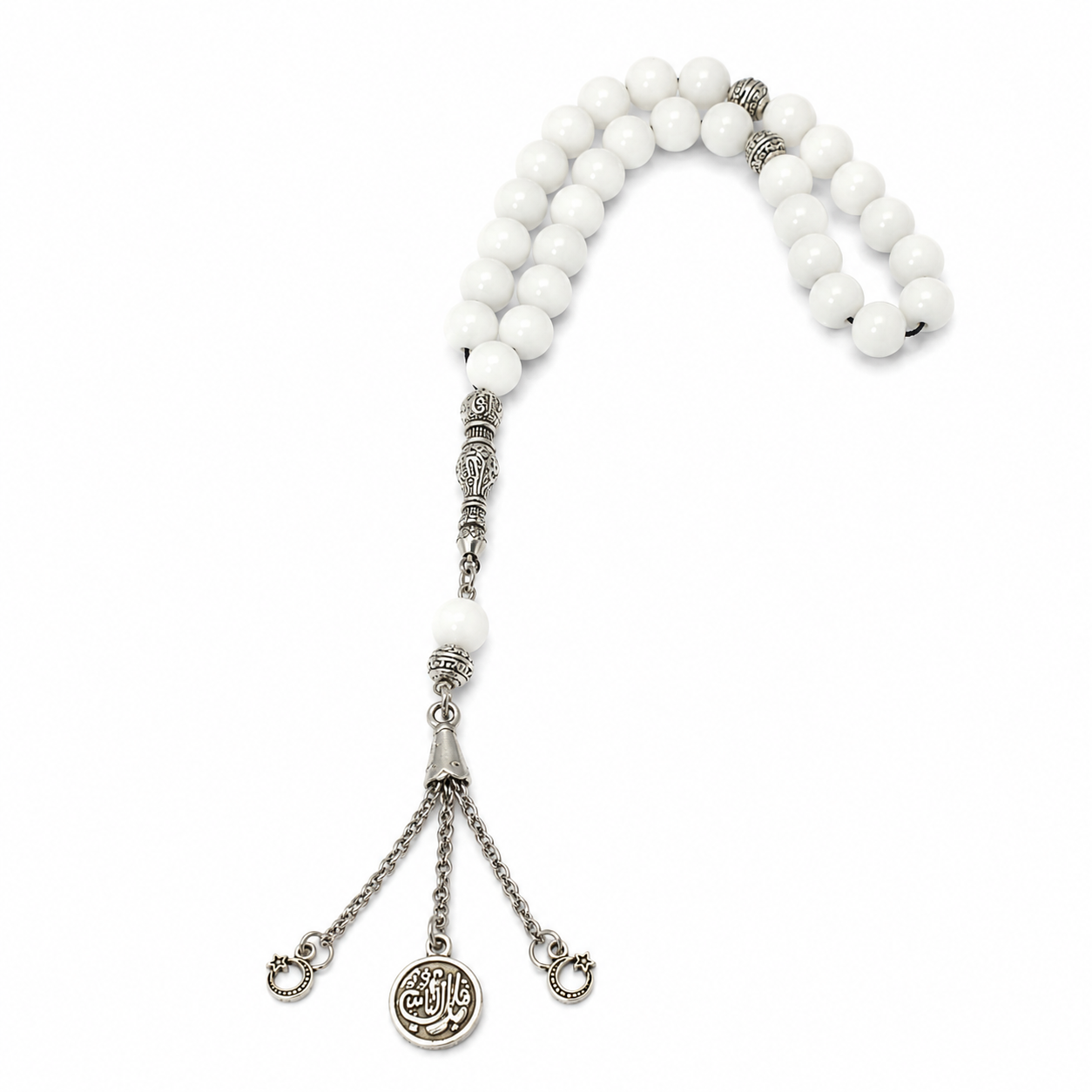 Handmade 7AGAT rosary with 33 natural white agate 10mm beads, elegant handcrafted prayer beads for spiritual reflection.