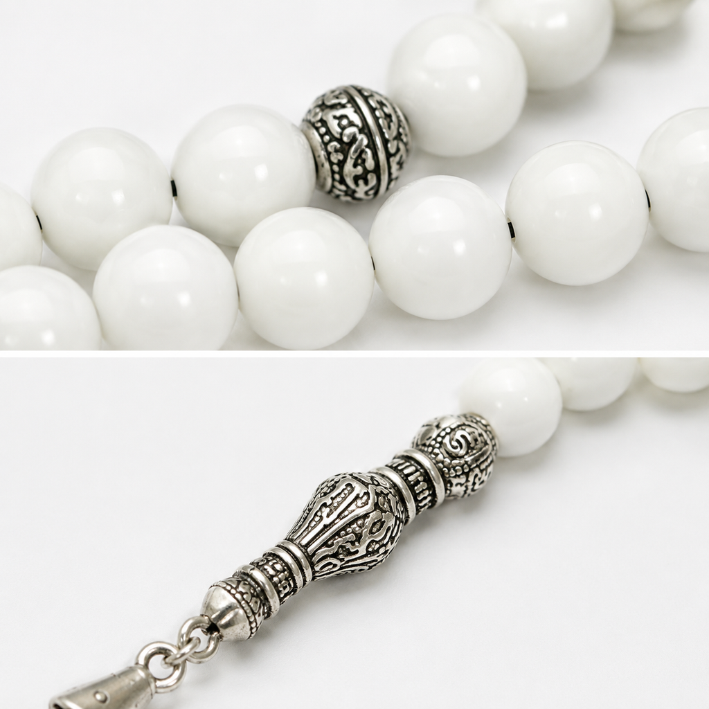 Handmade 7AGAT rosary with 33 natural white agate beads, 10mm, elegant handcrafted prayer beads for meditation and spiritual use.