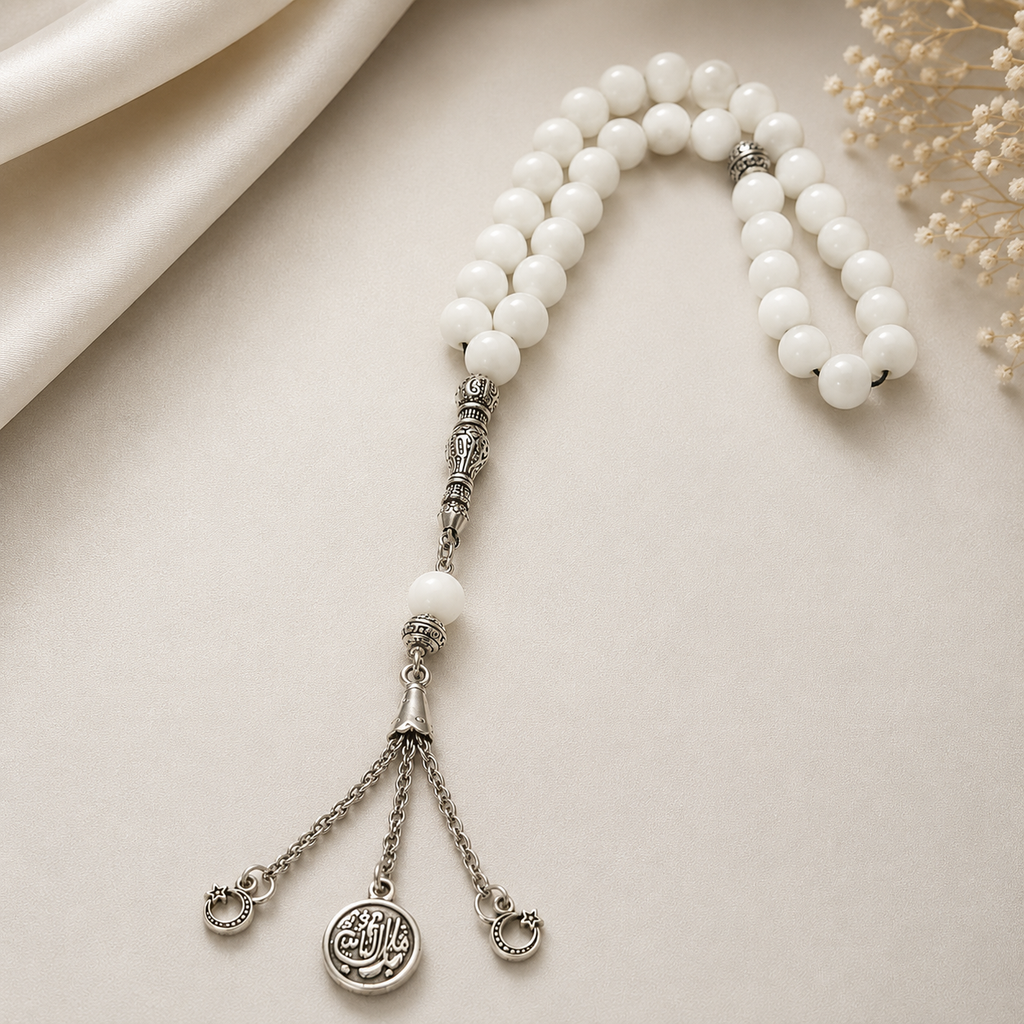 Handmade 7AGAT rosary with 33 natural white agate beads, 10mm, showcasing elegant handcrafted prayer beads for spiritual practice.