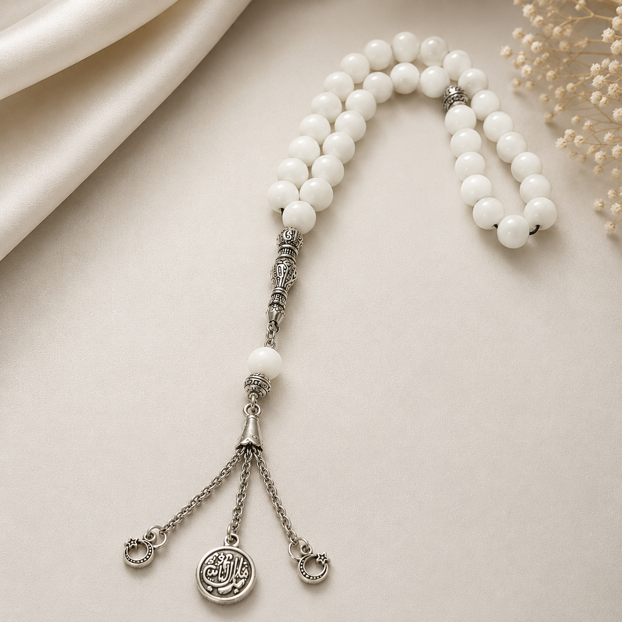 Handmade 7AGAT rosary with 33 natural white agate beads, 10mm, showcasing elegant handcrafted prayer beads for spiritual practice.