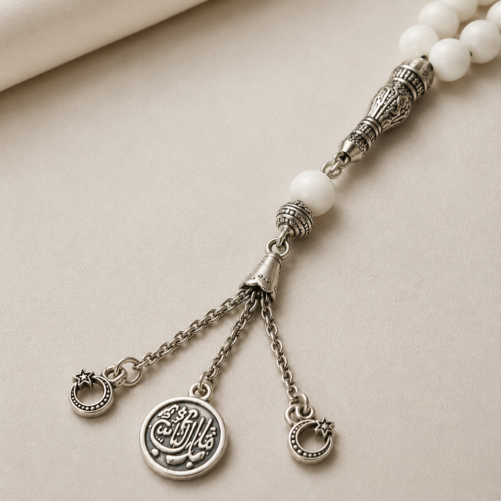 Handmade 7AGAT rosary with 33 natural white agate beads, 10mm, featuring elegant handcrafted prayer beads for meditation and prayer.