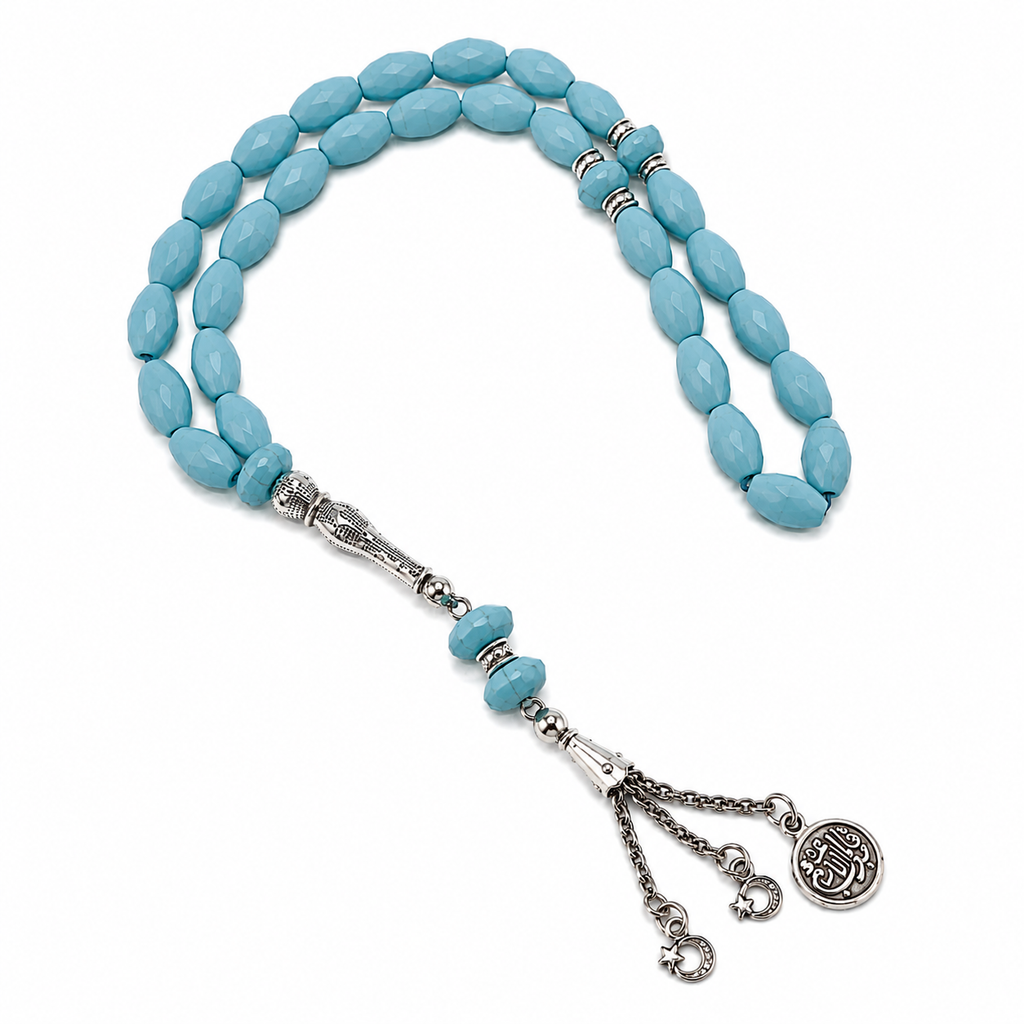 Handmade 7AGAT rosary with 33 small olive-shaped turquoise beads, premium sky blue prayer beads for spiritual practice.