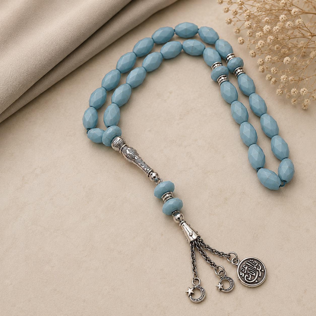 Handmade 7AGAT rosary with 33 small olive-shaped turquoise beads and sky blue prayer beads for meditation and spiritual practice.
