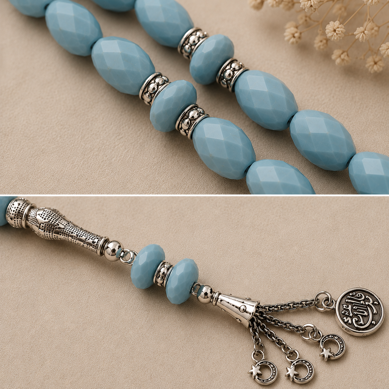 Handmade rosary by 7AGAT with 33 small olive-shaped turquoise beads, crafted for prayer and meditation.