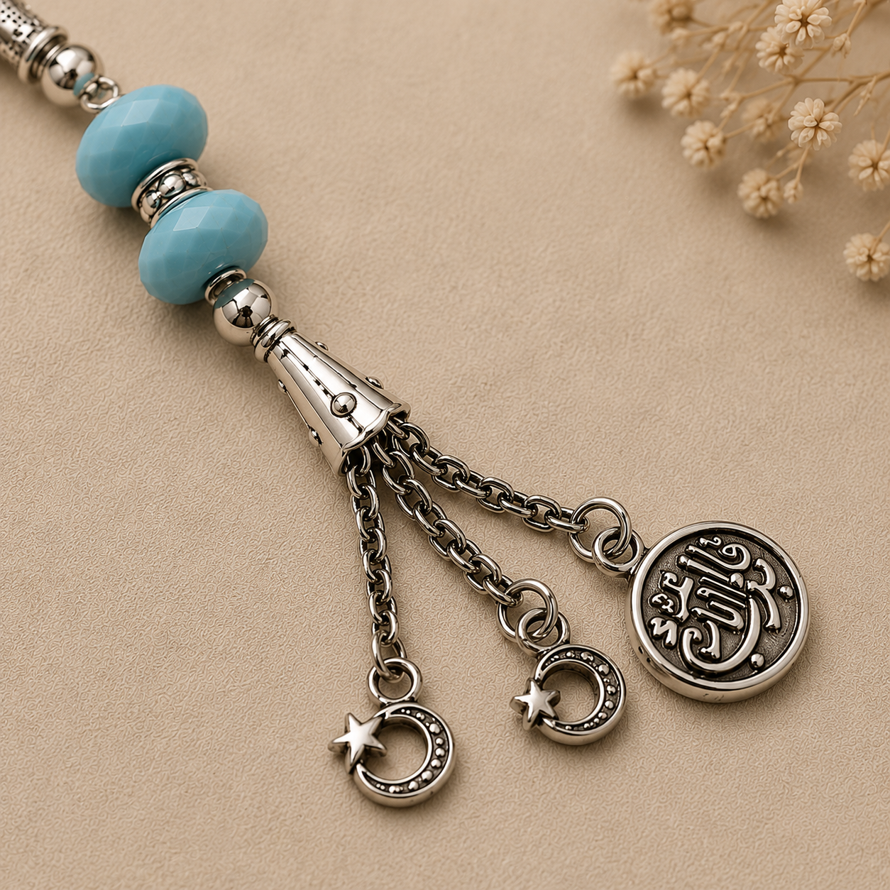 Handmade 7AGAT rosary with 33 small olive-shaped turquoise beads, sky blue prayer beads for meditation and spiritual practice.