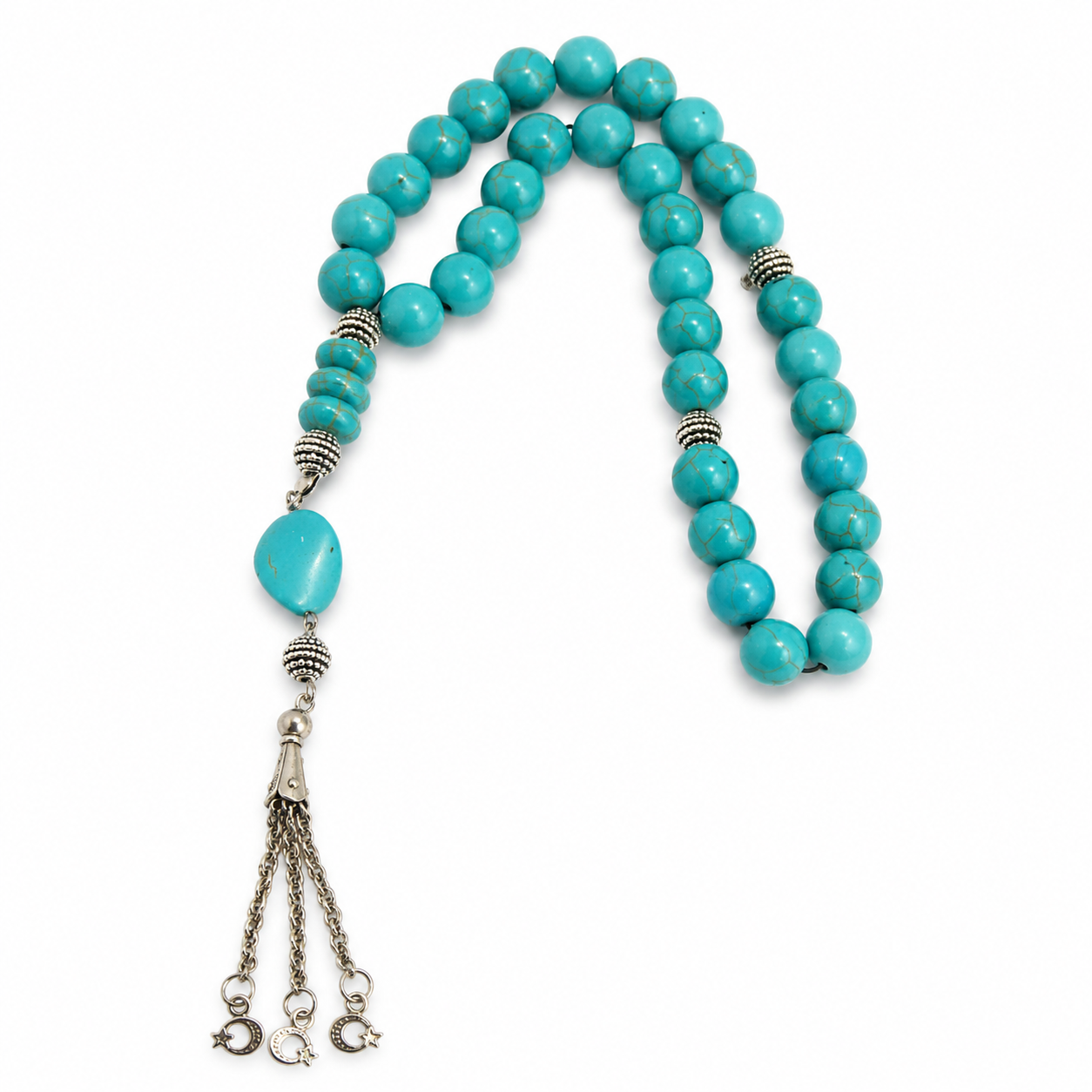 Handmade 7AGAT rosary with 12mm natural turquoise howlite beads, separators, tassel, luxury prayer beads for meditation and prayer.
