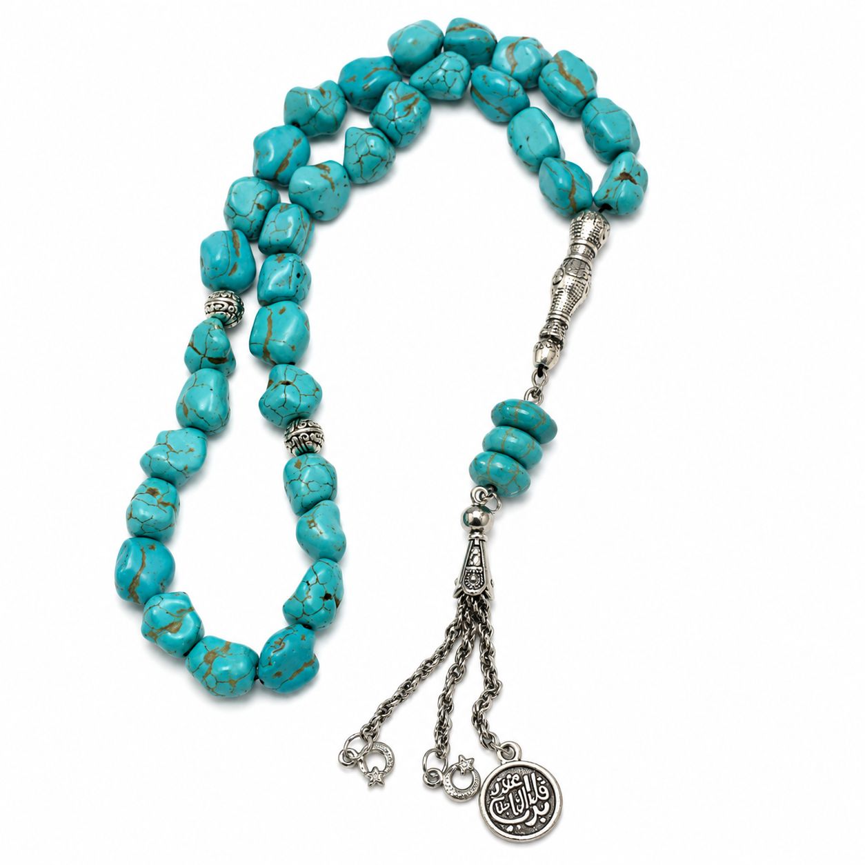 Handmade 7AGAT rosary with 33 natural raw turquoise howlite beads, rough cut, handcrafted luxury prayer beads for spiritual use.