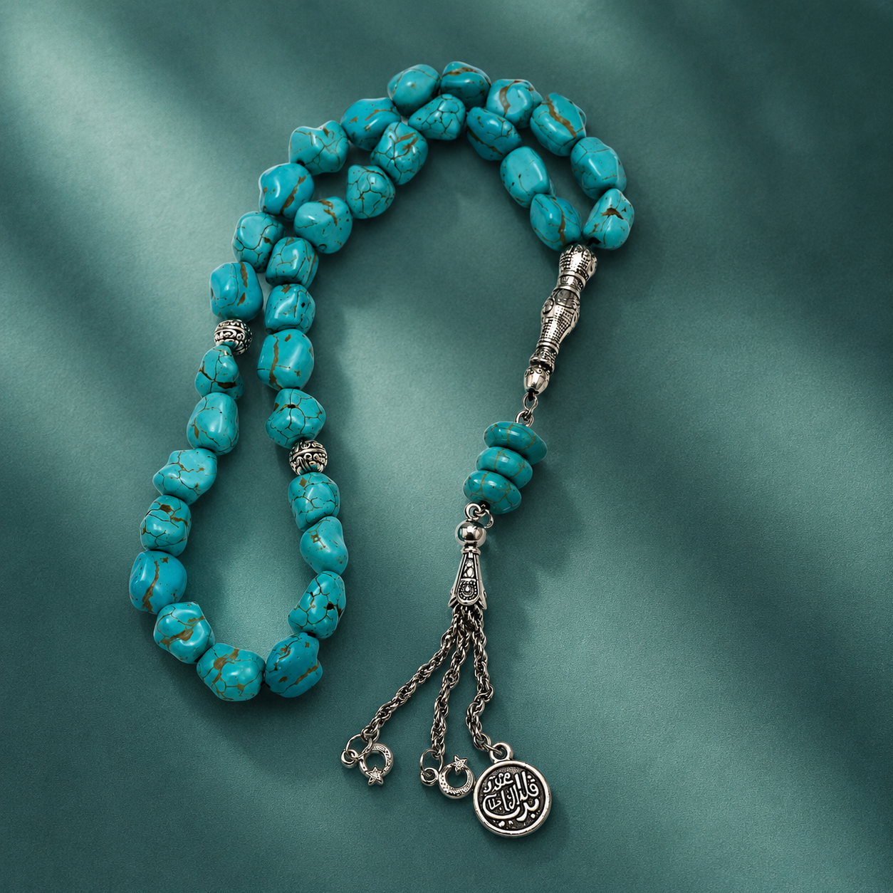 Handmade 7AGAT rosary with 33 natural raw turquoise howlite beads, rough cut, showcasing unique handcrafted prayer beads.