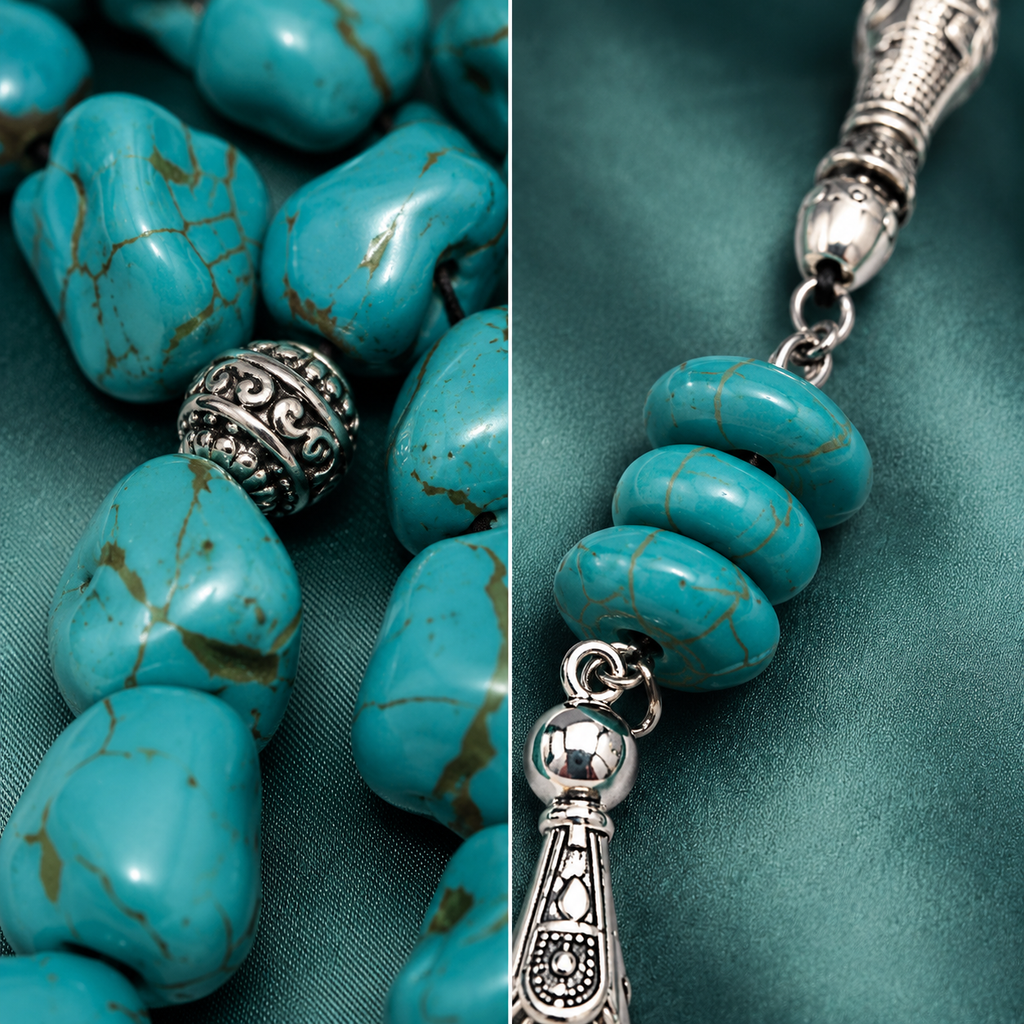 Handmade 7AGAT rosary with 33 raw turquoise howlite beads, rough cut, unique handcrafted prayer beads for meditation and reflection.