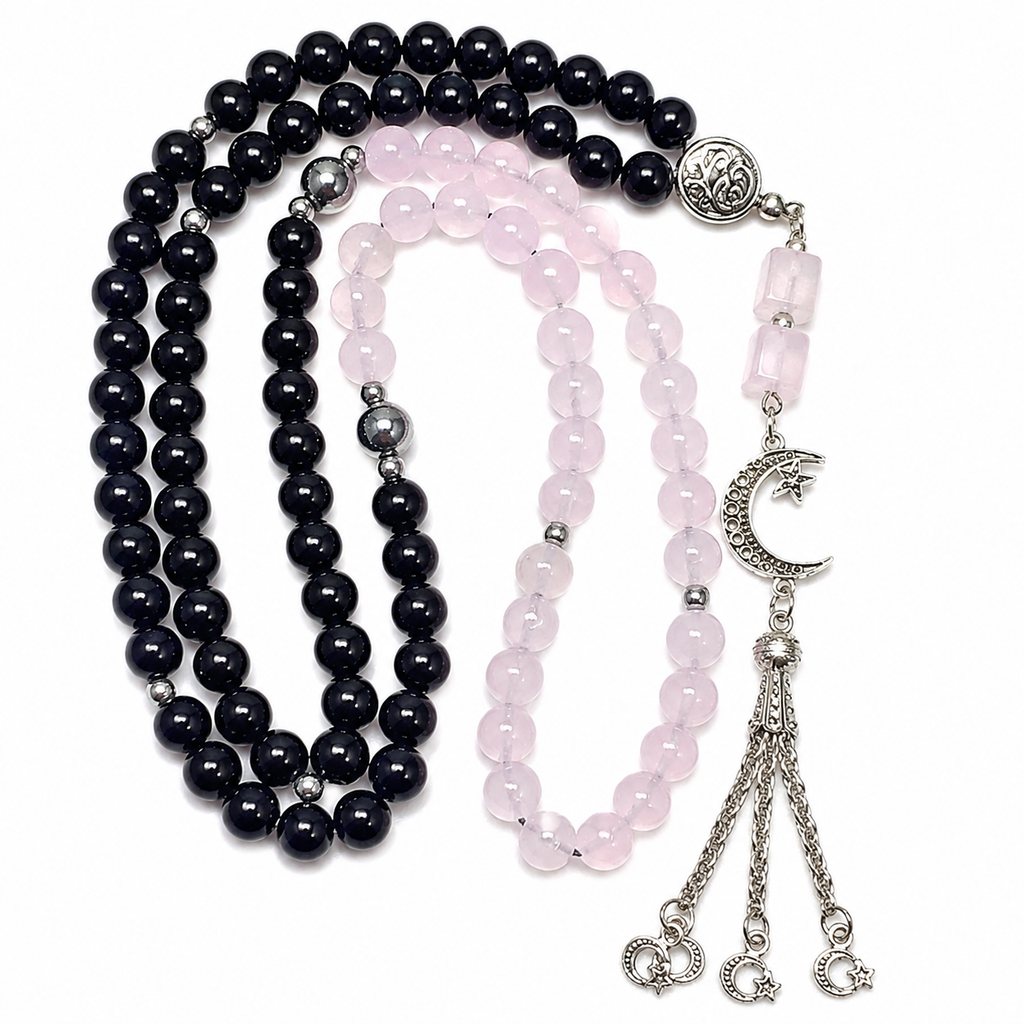 Handmade 7AGAT rosary with 99 natural rose quartz beads, separators, tassel, luxury prayer beads for meditation and prayer.