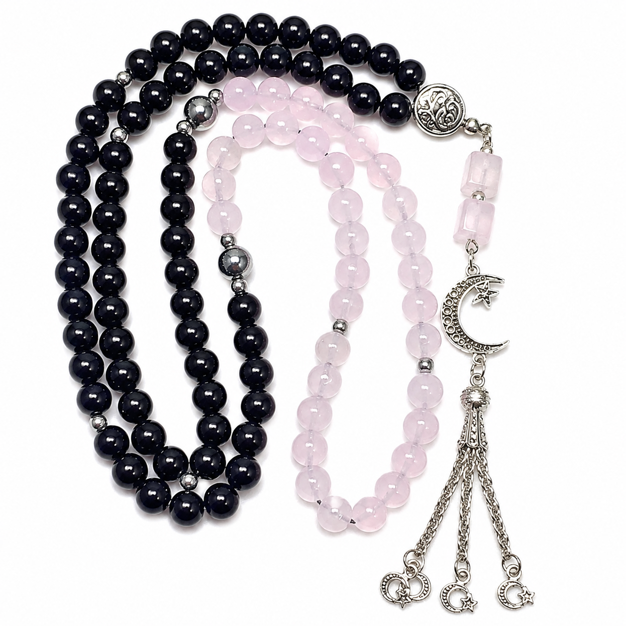 Handmade 7AGAT rosary with 99 natural rose quartz beads, separators, tassel, luxury prayer beads for meditation and prayer.