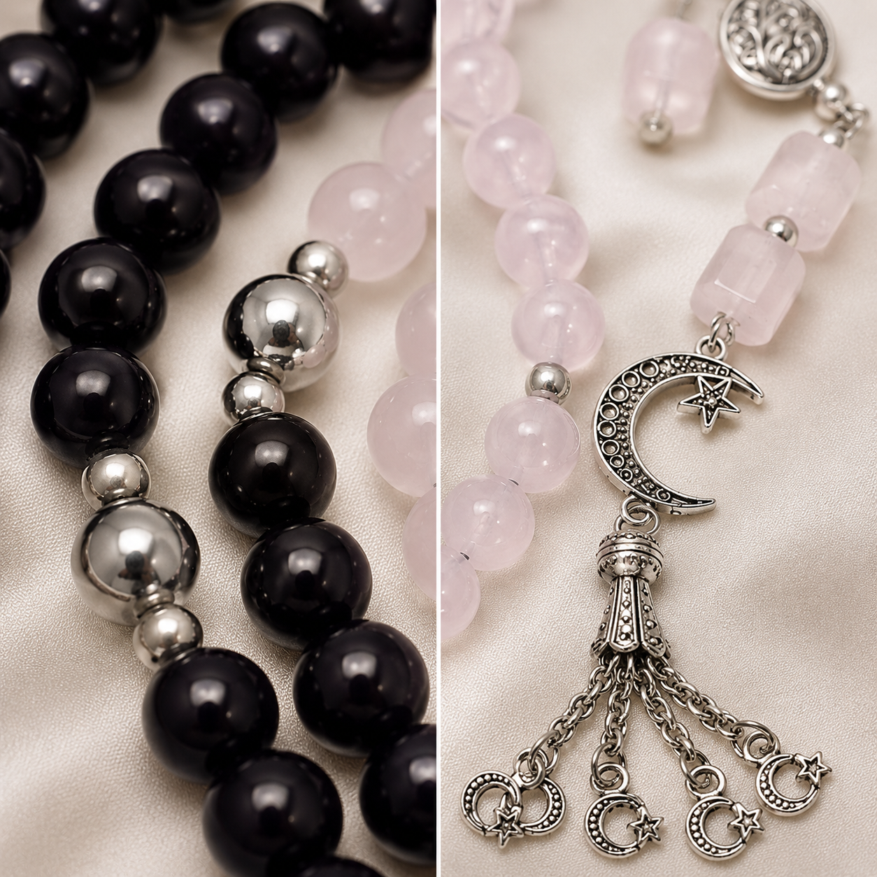 Handmade 7AGAT rosary with 99 natural rose quartz beads, separators, and tassel for prayer and meditation.
