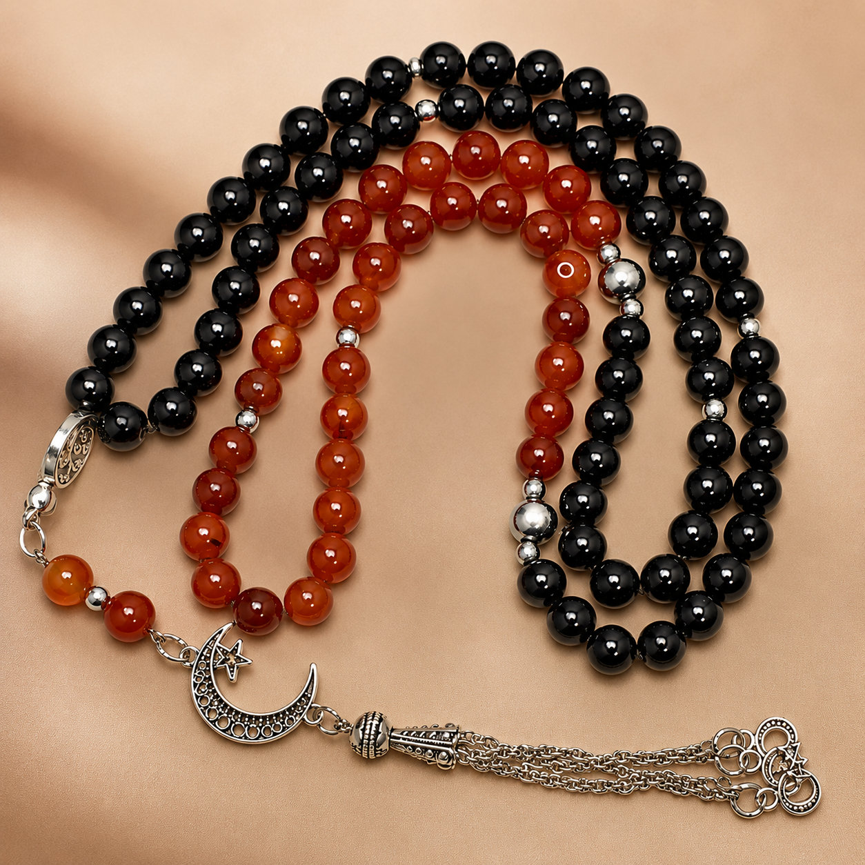 Handmade 7AGAT rosary with 99 natural agate beads, separators, tassel, and luxury prayer beads for spiritual use.