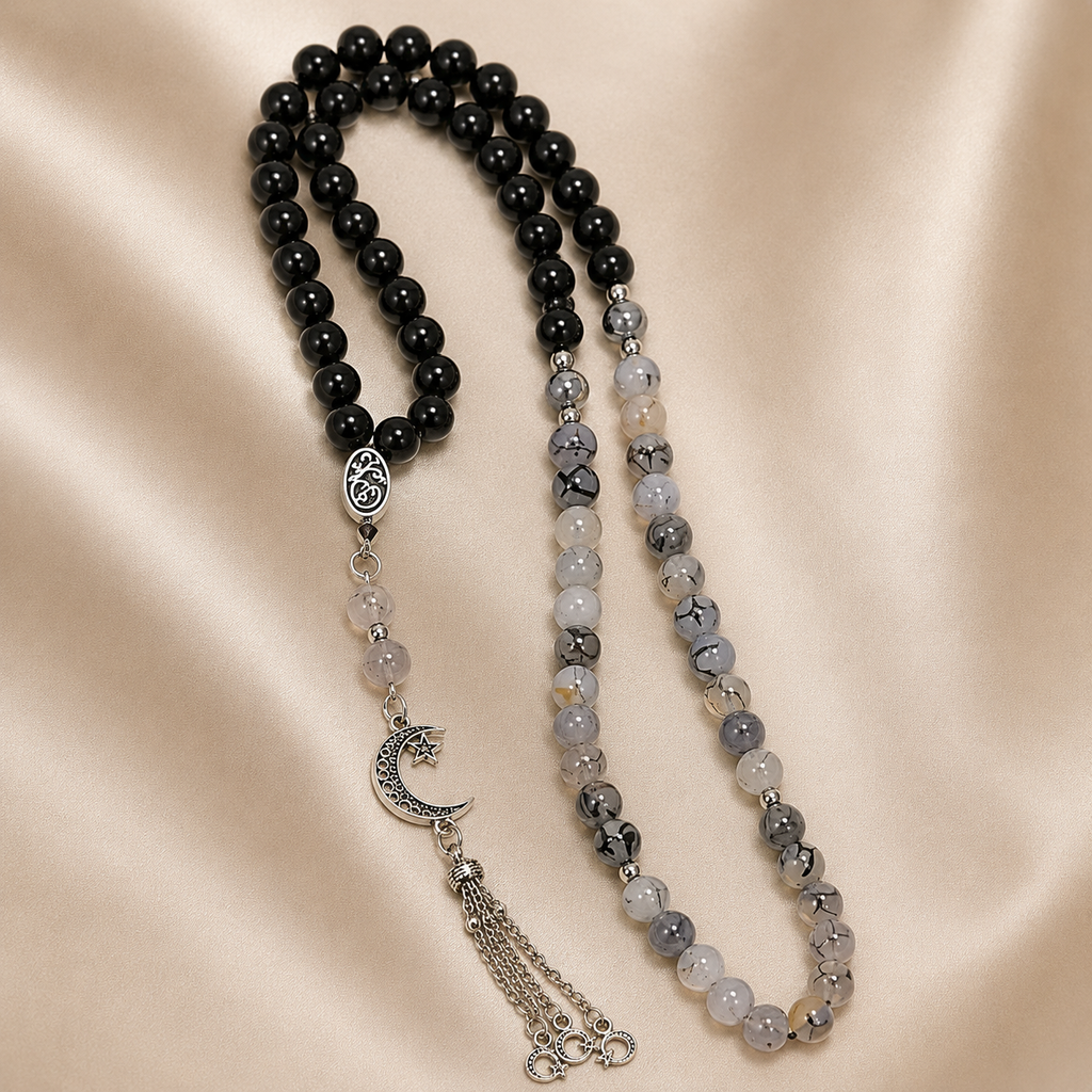 Handmade 7AGAT rosary with 99 natural tree agate beads, separators, tassel, and luxurious prayer bead design.