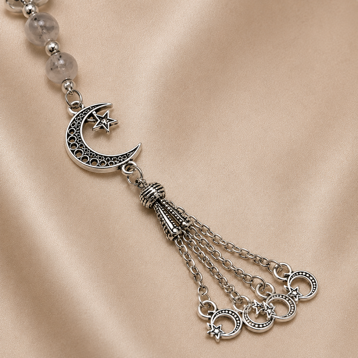 Handmade rosary with 99 natural tree agate beads, separators, and tassel, featuring luxurious prayer beads by 7AGAT.