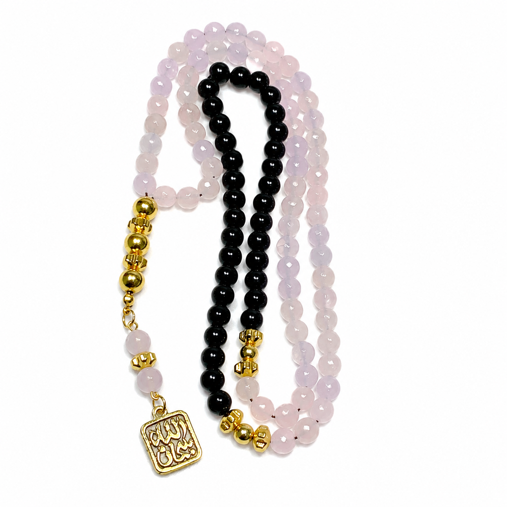 Handmade 7AGAT rosary with 99 natural rose quartz beads, gold tassel, and separators, luxury prayer beads for meditation and prayer.