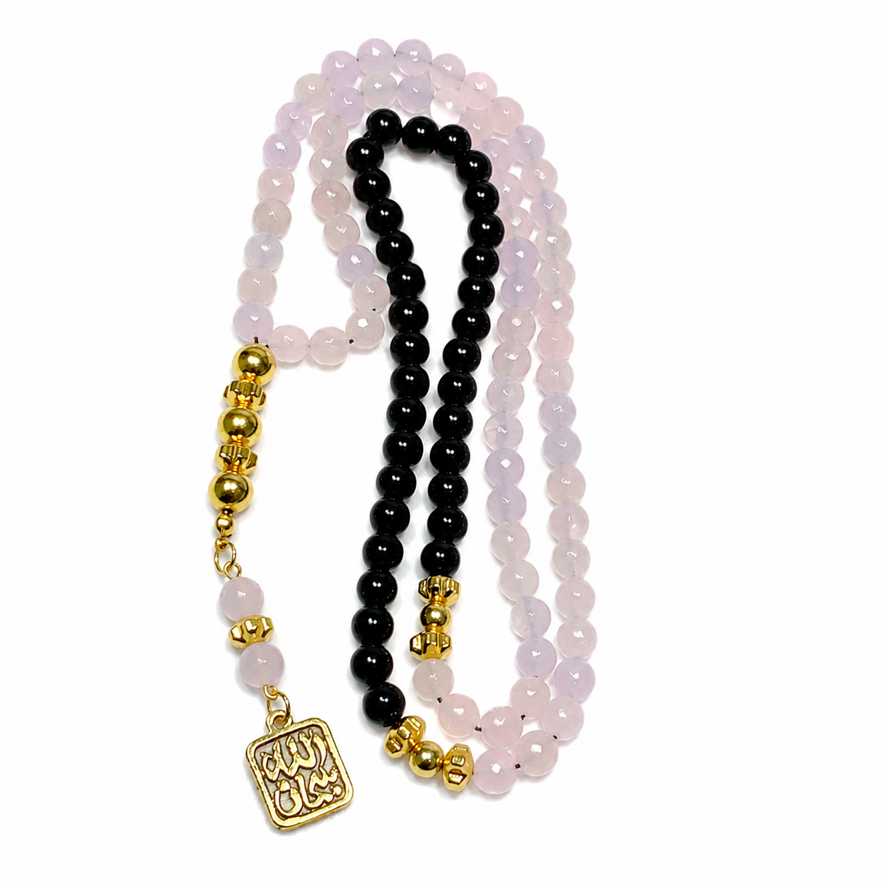 Handmade 7AGAT rosary with 99 natural rose quartz beads, gold tassel, and separators, luxury prayer beads for meditation and prayer.