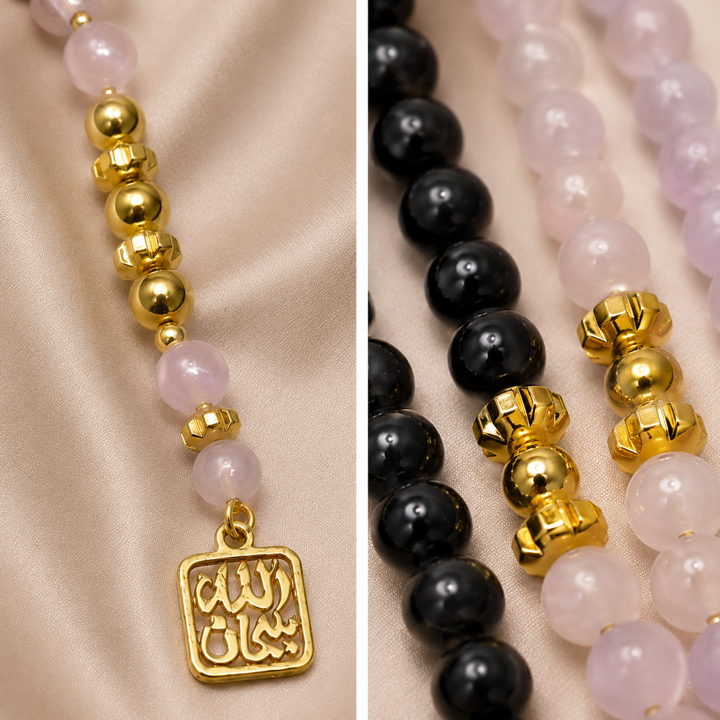 Handmade 7AGAT rosary with 99 natural rose quartz beads, gold tassel, and separators, luxury prayer beads for spiritual practice.